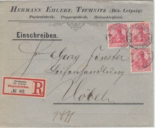 DR - 3x10 Pfg. Germania o.Wz. Einschreibebrief Technitz - Döbeln 1902