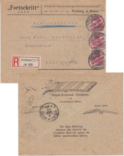 DR - 3x10 Pfg. Germania Einschreibebrief Freiburg (Breisgau) - Urach 1908