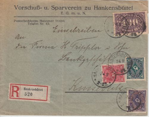 DR-Infla - 100 M. Queroval u.a. Einschreibebrief Hankensbüttel - Knesebeck 1923