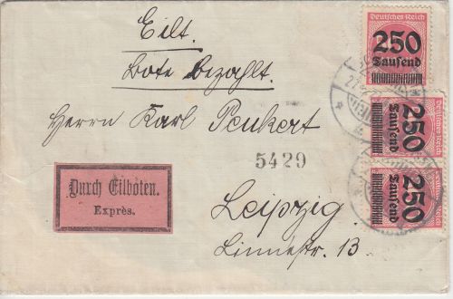 DR-Infla - 3x250 Tsd/500 M. Eilbrief Schleissheim - Leipzig 27.9.23