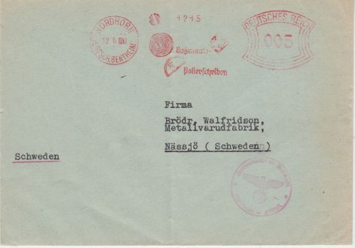 DR - Nordhorn 1940 5 Pfg. AFS Busmaate Polierscheiben Drucksache n. SCHWEDEN