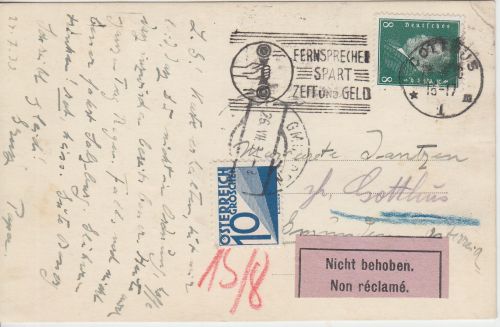 DR/Österreich - 8 Pfg. Ebert Karte n. Gmunden/postlagernd 10g Lagergebühr 1930