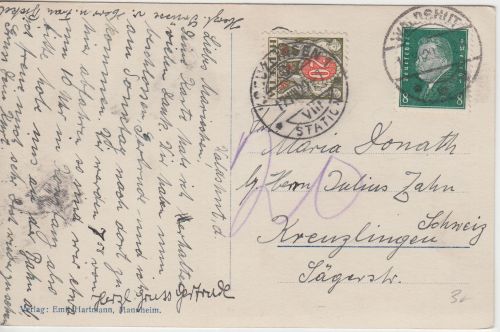 DR/Schweiz - 8 Pfg. Ebert Karte Waldshut - Kreuzlingen 1929 20 Rp. Nachporto