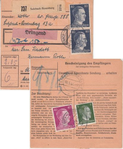 DR - 2x80+40+5 Pfg. AH Dringend-Wertpaketkarte Sulzbach-Rosenberg 1944