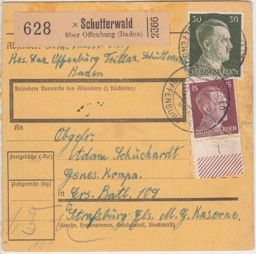 DR - Schutterwald ü. Offenburg Poststelle I Paketkarte n. Straßburg 1944