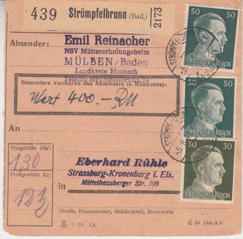 DR - Strümpfelbrunn Wertpaketkarte n. Straßburg 1943 - Absender !