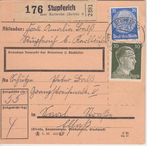 DR - Stupferich ü. Karlsruhe Poststelle I Paketkarte n. Saal (Els.) 1042