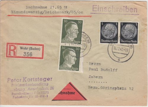 DR - 2x30 Pfg. AH u.a. Nachnahme-Einschreibebrief Wehr (Baden) - Zabern 1942