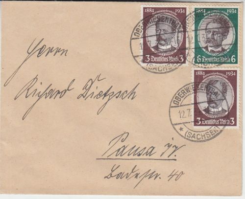 DR - 2x3+6 Pfg. Kolonialforscher brief Oberwiesenthal - Pausa 1934