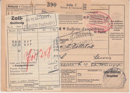 DR - Gotha 2 1934 Gebühr bezahlt Selbstbucher-Paketkarte i.d. SCHWEIZ