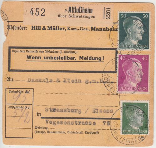 DR - Altlußheim ü. Schwetzingen Poststelle I Paketkarte n. Straßburg 1943