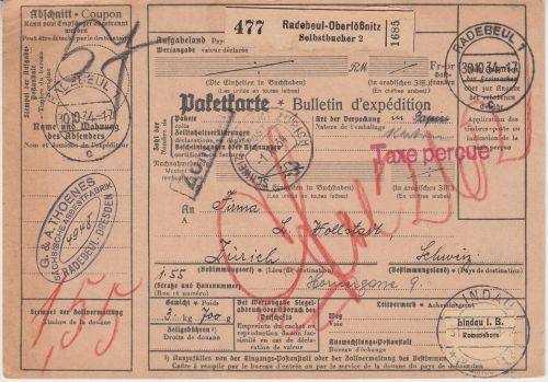 DR - Radebeul-Oberlößnitz 1934 Taxe percue Selbstbucher-Paketkarte i.d. SCHWEIZ