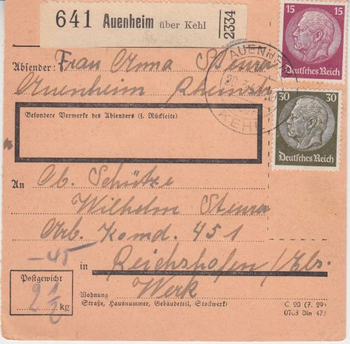 DR - Auenheim ü. Kehl Poststelle I Paketkarte n. Reichshofen