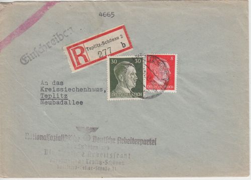 DR - 30+8 Pfg. AH Orts-Einschreibebrief Teplitz-Schönau 2 - 1942 - Absender !