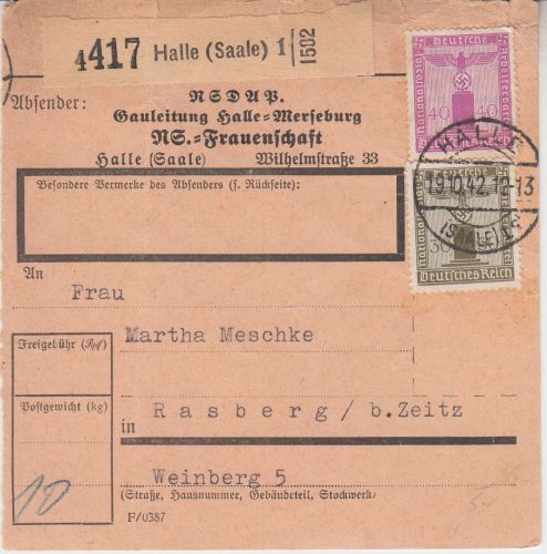 DR - 30+40 Pfg. Adler/Sockel Dienst-Paketkarte Halle - Rasberg 1942