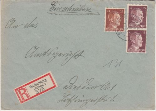 DR - 2x15+24 Pfg. AH Einschreibebrief Waldenburg (Schlesien) - Dresden 1942