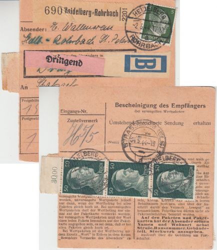 DR - 3x50+5 Pfg. AH Dringend-Paketkarte (Beutelstück) Heidelberg-Rohrbach 1944
