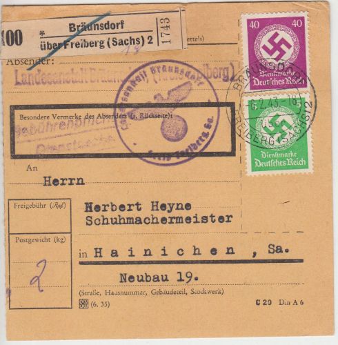 DR - 40+5 Pfg. Hkr. Dienst-Paketkarte Bräunsdorf ü. Freiberg (Sachs.) 1943