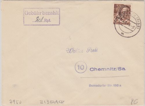 FZ/Württ. - Biberach 1948 Teilbarfrankatur Brief n. Chemnitz