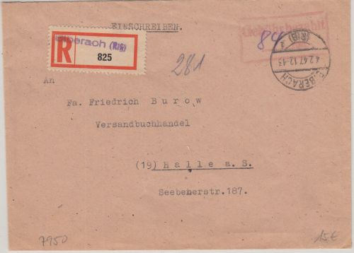 FZ/Württ. - Biberach 1947 Gebühr bezahlt Rpf. Ra2 Einschreibebrief n. Halle