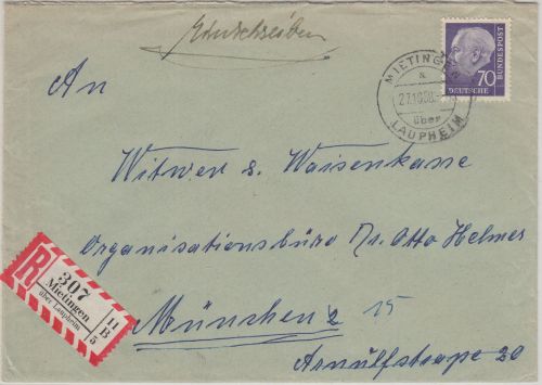 BRD - Mietingen ü. Laupheim Poststelle I Einschreibebrief n. München 1958