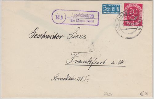 BRD - (14b) Oggelsbeuren ü. Ehingen Landpost-Ra2 Brief n. Frankfurt a/M. 1953