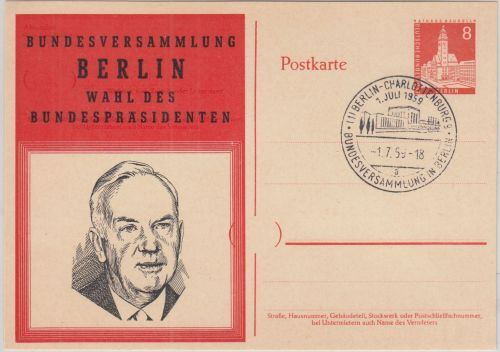 Berlin - 8 Pfg. Bauten Ganzsache priv. Zudruck Wahl Bundespräsident SST 1959