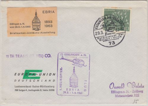 BRD - Esslingen 1963 EBRIA 1. Helicopter-Flug Brief m. Vignette + SST