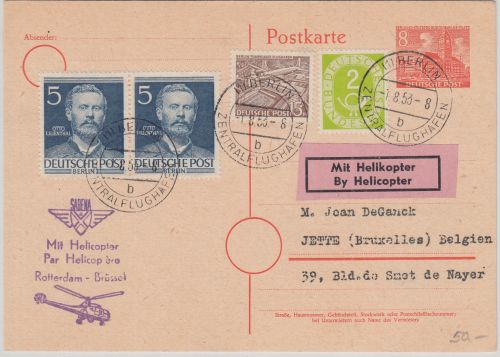 Berlin - Mit Helicopter Rotterdam Brüssel Zuleitungspost GA-Zusatz 1953