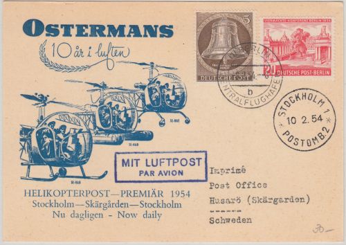 Berlin - Helikopterpost Stockholm Skärgarden Schmuckkarte Zuleitungspost 1954