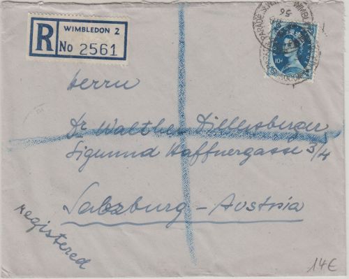 England - 10 P. Elisabeth Einschreibebrief n. ÖSTERREICH Wimbledon Salzburg 1956