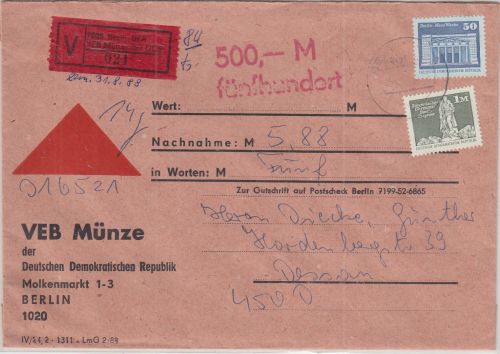 DDR - Berlin 1988 Nachnahme-Wertbrief VEB Münze der DDR n. Dessau