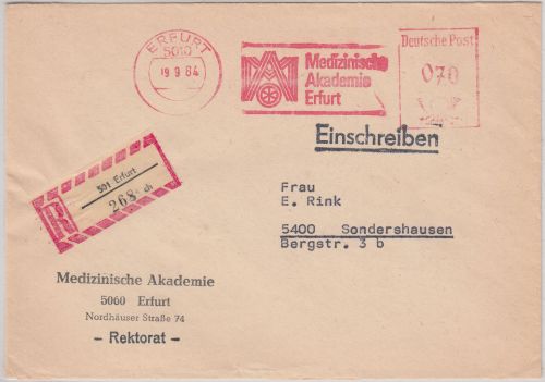 DDR - Erfurt 1984 70 Pfg. AFS Medizinische Akademie Einschreibebrief