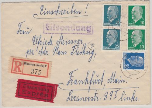 DDR - 50 Pfg. Ulbricht u.a. Eil-Einschreibebrief Glauchau - Frankfurt a/M 1963