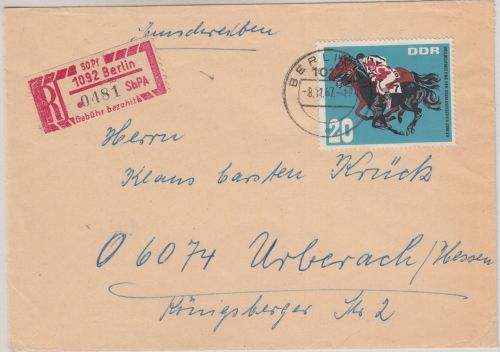 DDR - 50 Pfg. SbPA R-Zettel u.a. Einschreibebrief berlin - Urberach 1967