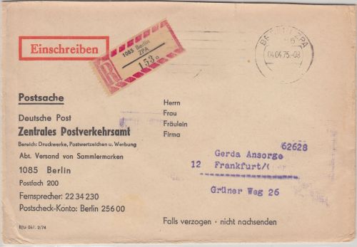 DDR - Berlin 1975 Einschreiben-Postsache d. Versandstelle f. Sammlermarken