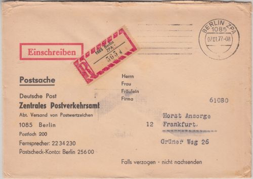 DDR - Berlin 1977 Einschreiben-Postsache d. Versandstelle f. Sammlermarken