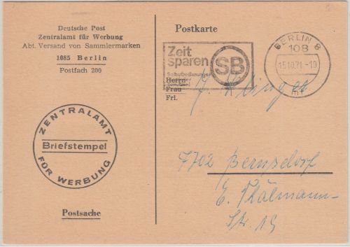 DDR - Berlin 1971 Postsache Zenstralamt f. Werbung n. Bernsdorf