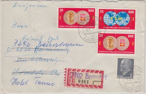 DDR - Bernsdorf Aushilfs-R-Zettel Einschreibebrief n. Gütersloh 1970 Weiterltg.