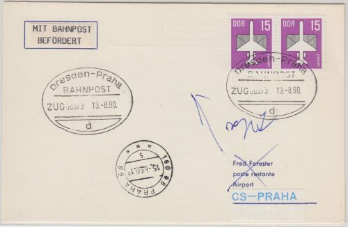 DDR - Dresden Prag Bahnpost Zug 00073 Karte n. TSCHECHIEN 1990