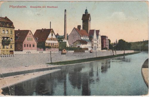 Baden-Württemberg - Pforzheim Enzpartie Strandbad farb. AK/Feldpost 1917