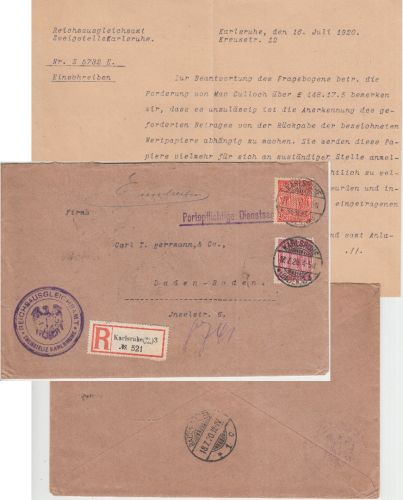 DR-Infla - 1 M.+10 Pfg. Dienst Einschreibebrief Karlsruhe - Baden-Baden 1920