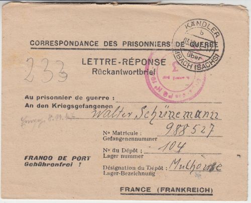 SBZ - Kändler ü. Limbach Poststelle I Kriegsgefangenenbrief n. FRANKREICH 1947