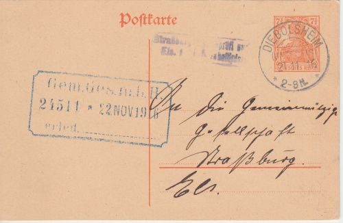 DR - Diebolsheim (Unterels.) 21.11.15 KOS 7 1/2 Pfg. Ganzsache n. Straßburg