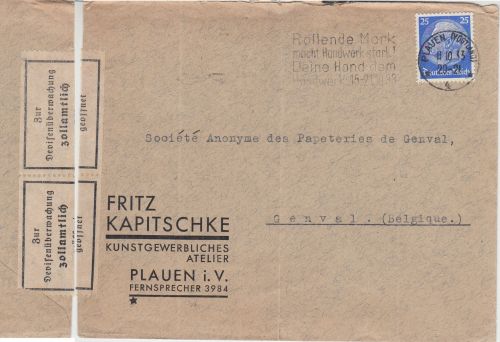 DR - 25 Pfg. Hindenburg Brief n. BELGIEN Plauen - Genval 1933 Zollverschluss