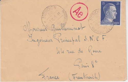 DR - 25 Pfg. AH Zensurbrief/Fremdarbeiter n. FRANKREICH München 60 1943