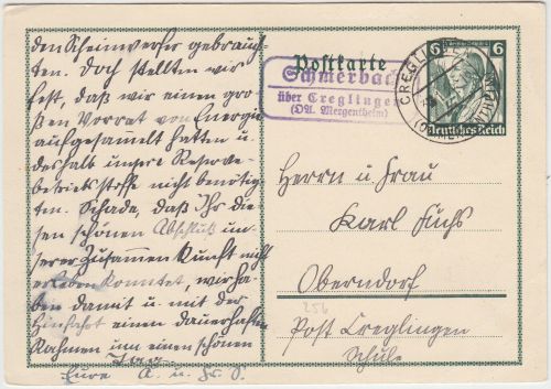 DR - Schmerbach ü. Creglingen Landpost-Ra2 Ganzsache n. Oberndorf 1936