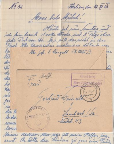 DR - Gröditz ü. Löbau Landpost-Ra2 Feldpostbrief (Italien/01235B) n Limbach 1943