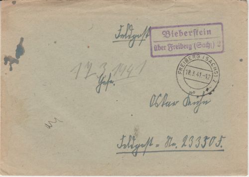 DR - Bieberstein ü. Freiberg 2 Landpost-Ra2 Feldpostbrief an Fp.Nr. 23330F