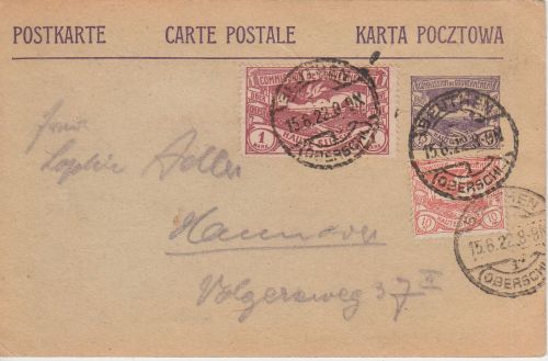 Abstimmung/Oberschlesien - 15 Pfg. Ganzsache+Zusatz Beuthen - Hannover 15.6.22